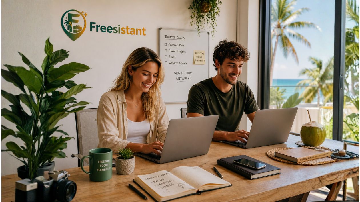 Zwei Personen arbeiten remote am Laptop und nutzen FREESISTANT, um passende deutschsprachige Unterstützung zu finden